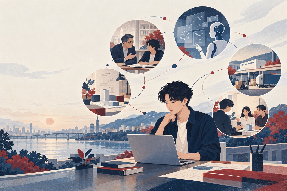 AI 辅助创作的 OPC 专题概念图:创业者与导师、人工智能和产业链形成连接